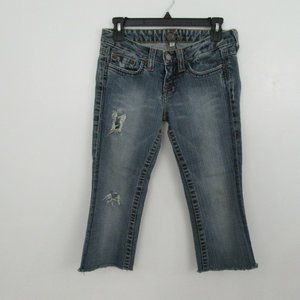 BEBE Kayla Blue Distressed Fryed Capri Hem Jeans